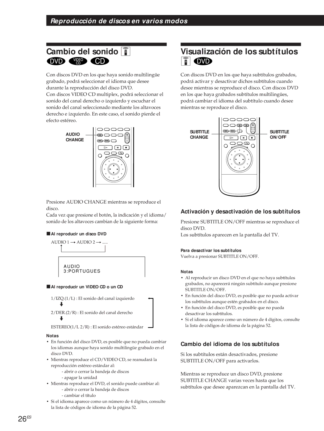 Sony DVP-S500D Cambio del sonido Z, Visualización de los subtítulos, 26ES, Activación y desactivación de los subtítulos 