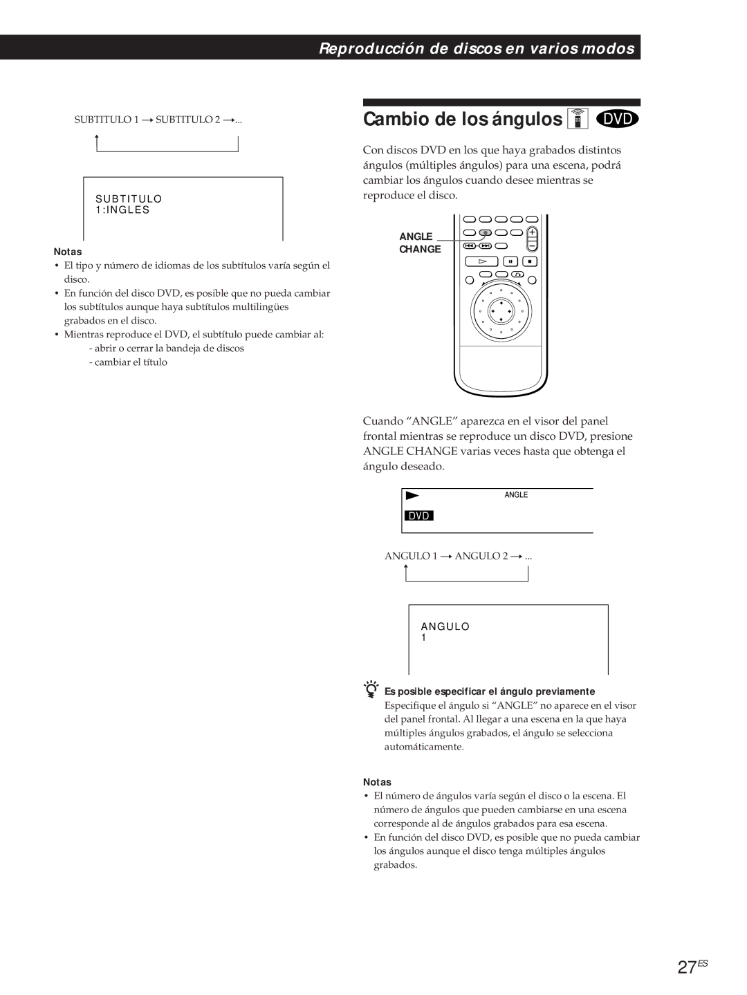 Sony DVP-S500D manual Cambio de los ángulos Z, 27ES, Es posible especificar el ángulo previamente 