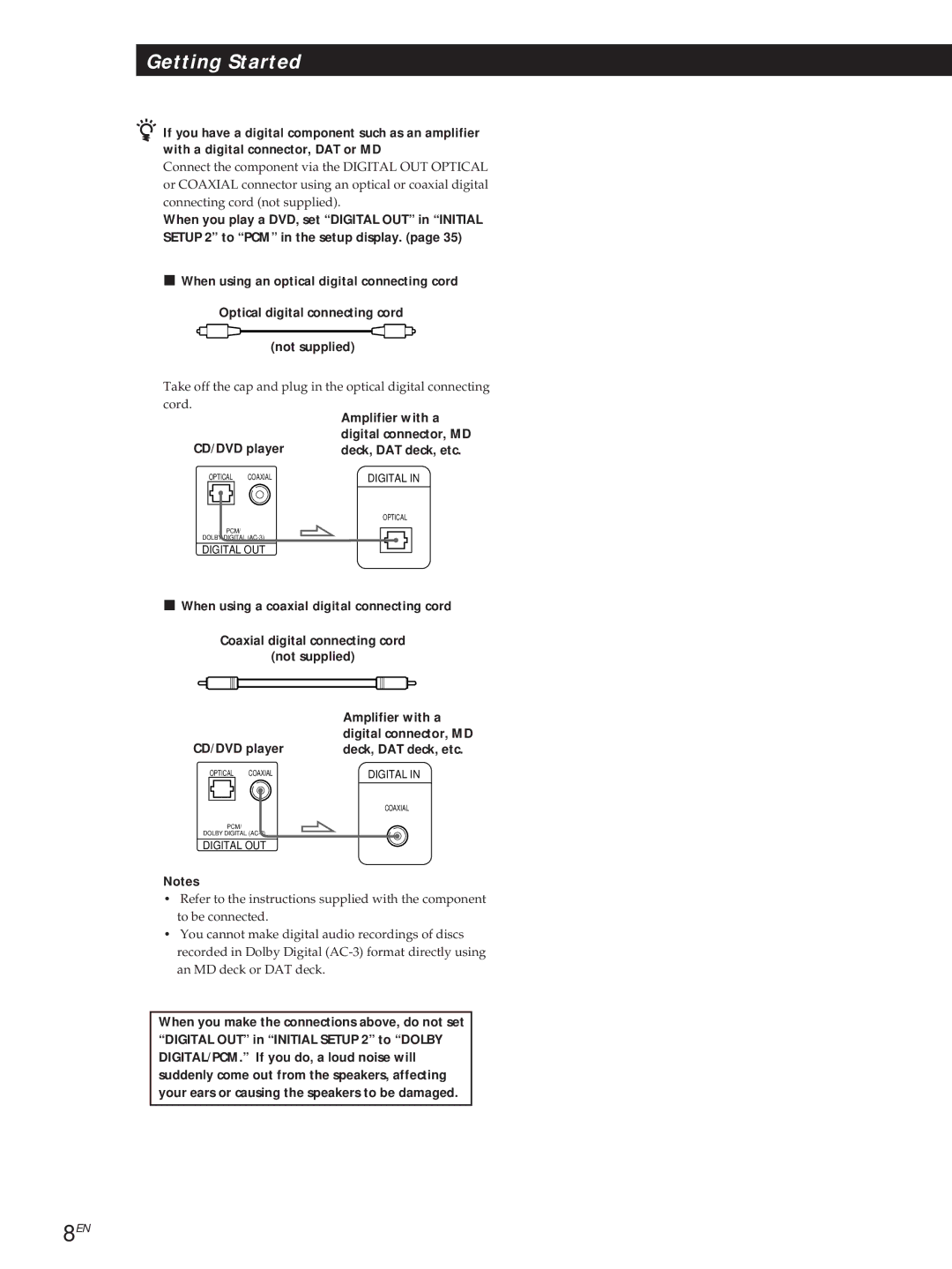 Sony DVP-S500D manual When using an optical digital connecting cord, When using a coaxial digital connecting cord 