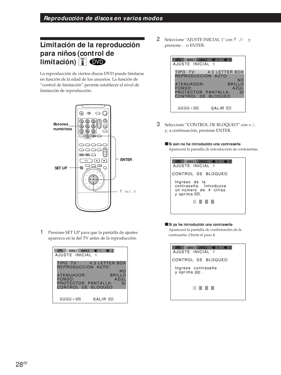 Sony DVP-S500D 28ES, Seleccione Ajuste Inicial 1 con ?//y presione .o Enter, PSi aún no ha introducido una contraseña 