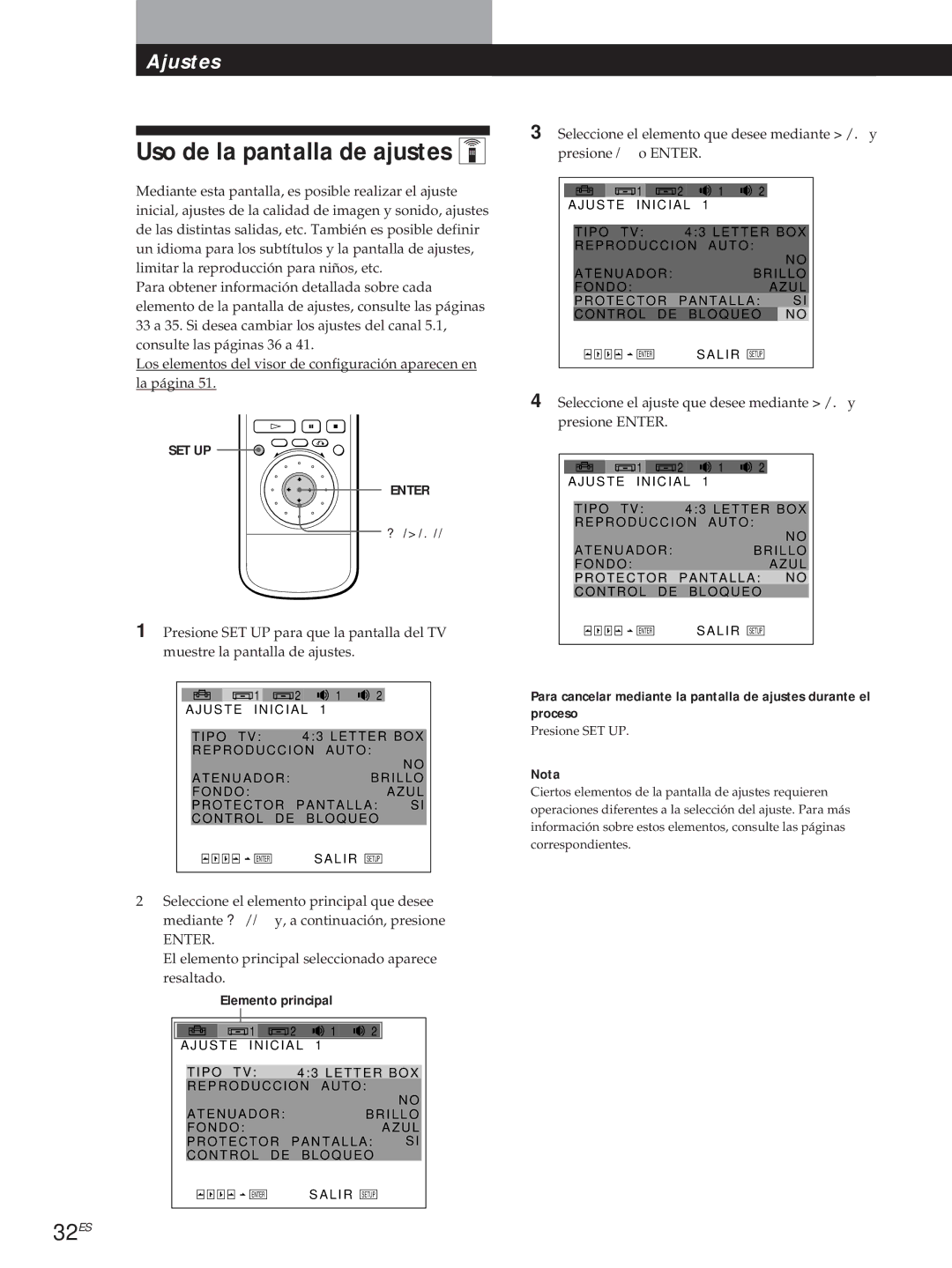 Sony DVP-S500D manual Uso de la pantalla de ajustes Z, 32ES, El elemento principal seleccionado aparece resaltado 