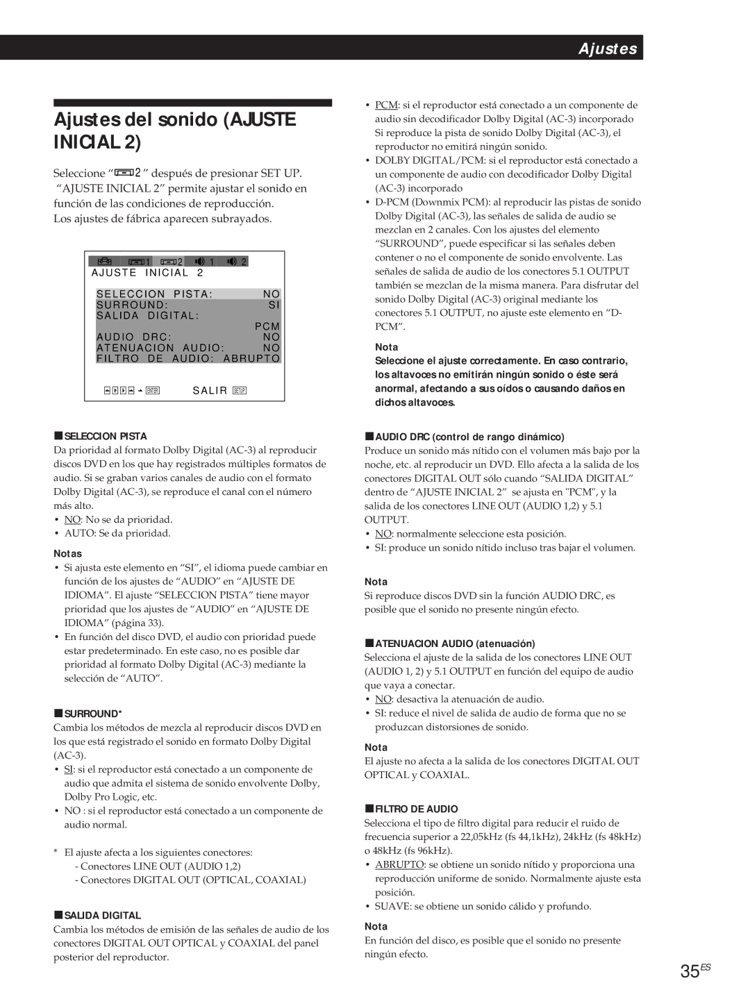 Sony DVP-S500D manual Ajustes del sonido Ajuste Inicial, 35ES 