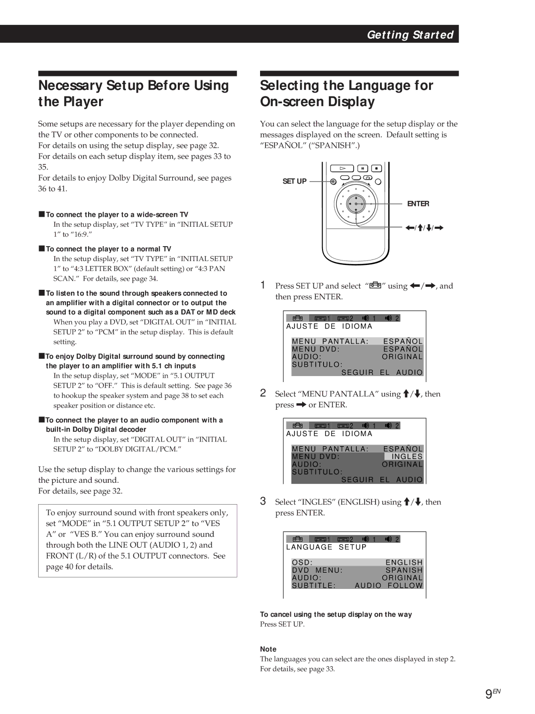 Sony DVP-S500D manual Necessary Setup Before Using the Player, Selecting the Language for On-screen Display 