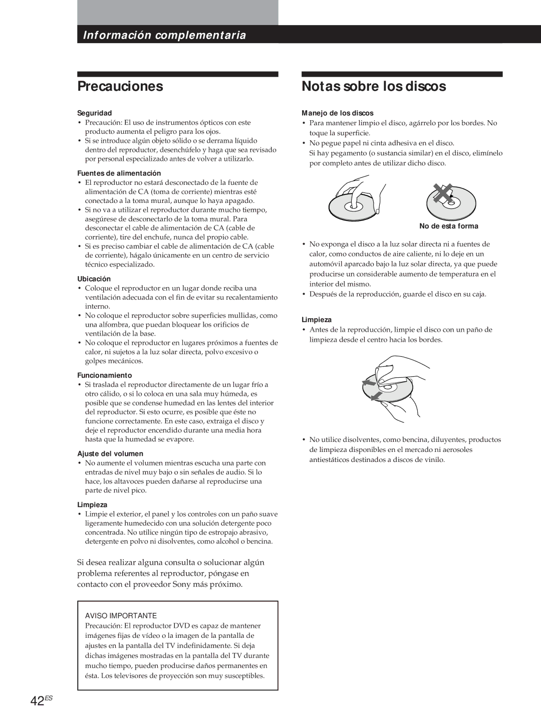 Sony DVP-S500D manual Precauciones, Notas sobre los discos, 42ES 