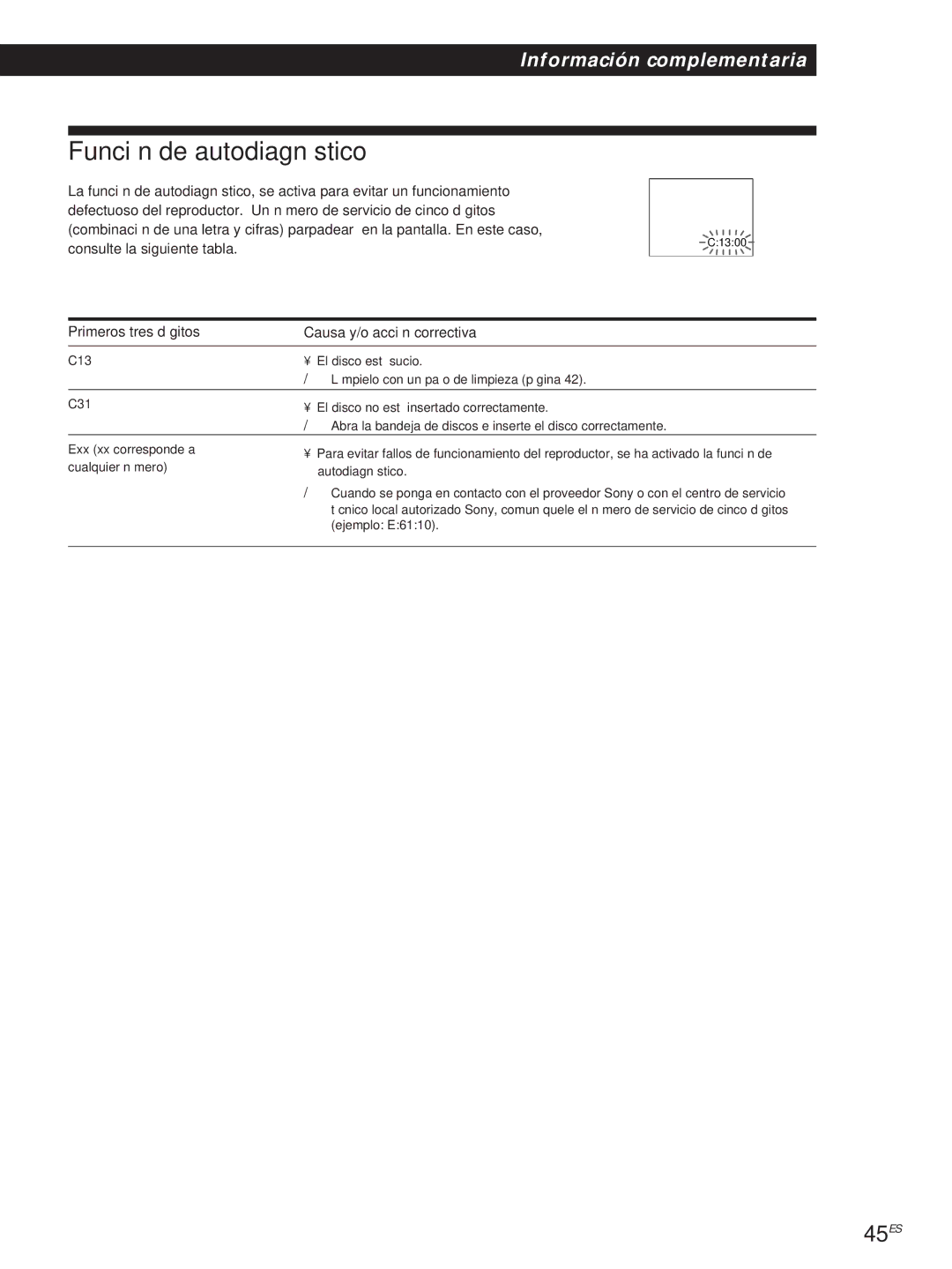 Sony DVP-S500D manual Función de autodiagnóstico, 45ES, Primeros tres dígitos Causa y/o acción correctiva 