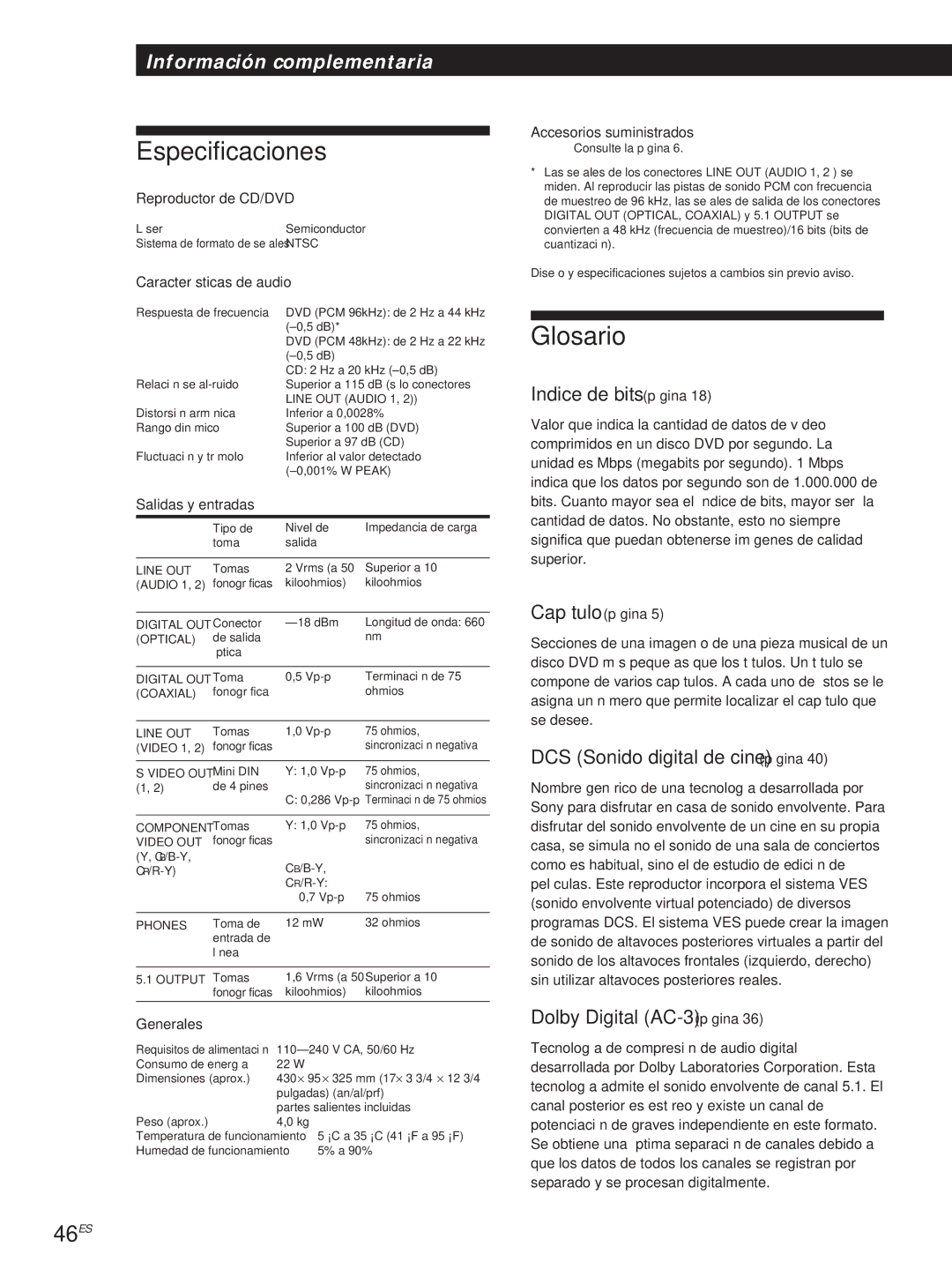 Sony DVP-S500D manual Especificaciones, Glosario, 46ES 