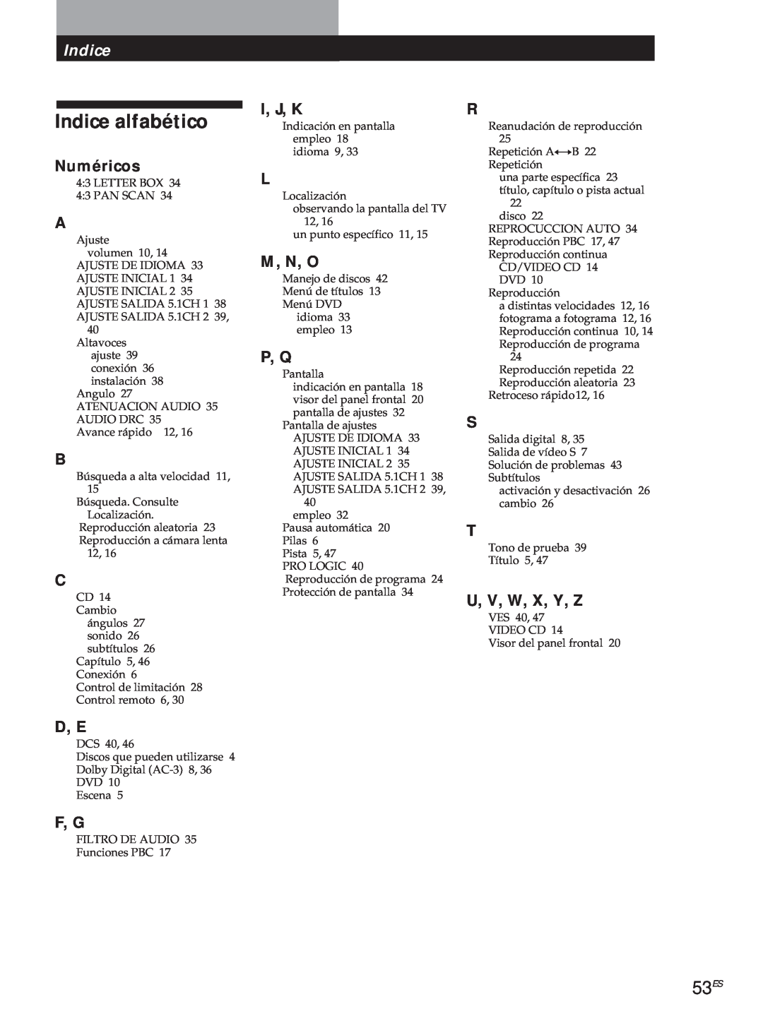 Sony DVP-S500D manual Indice alfabético, 53ES, Numéricos, U, V, W, X, Y, Z, I, J, K, M, N, O, P, Q, D, E, F, G 