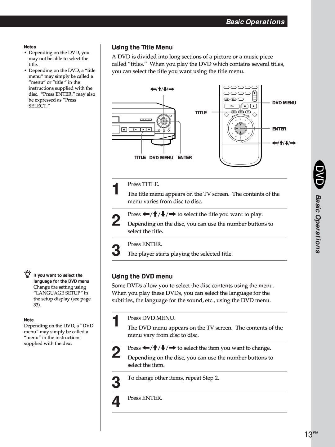 Sony DVP-S500D manual 13EN, Using the Title Menu, Using the DVD menu, Basic Operations 