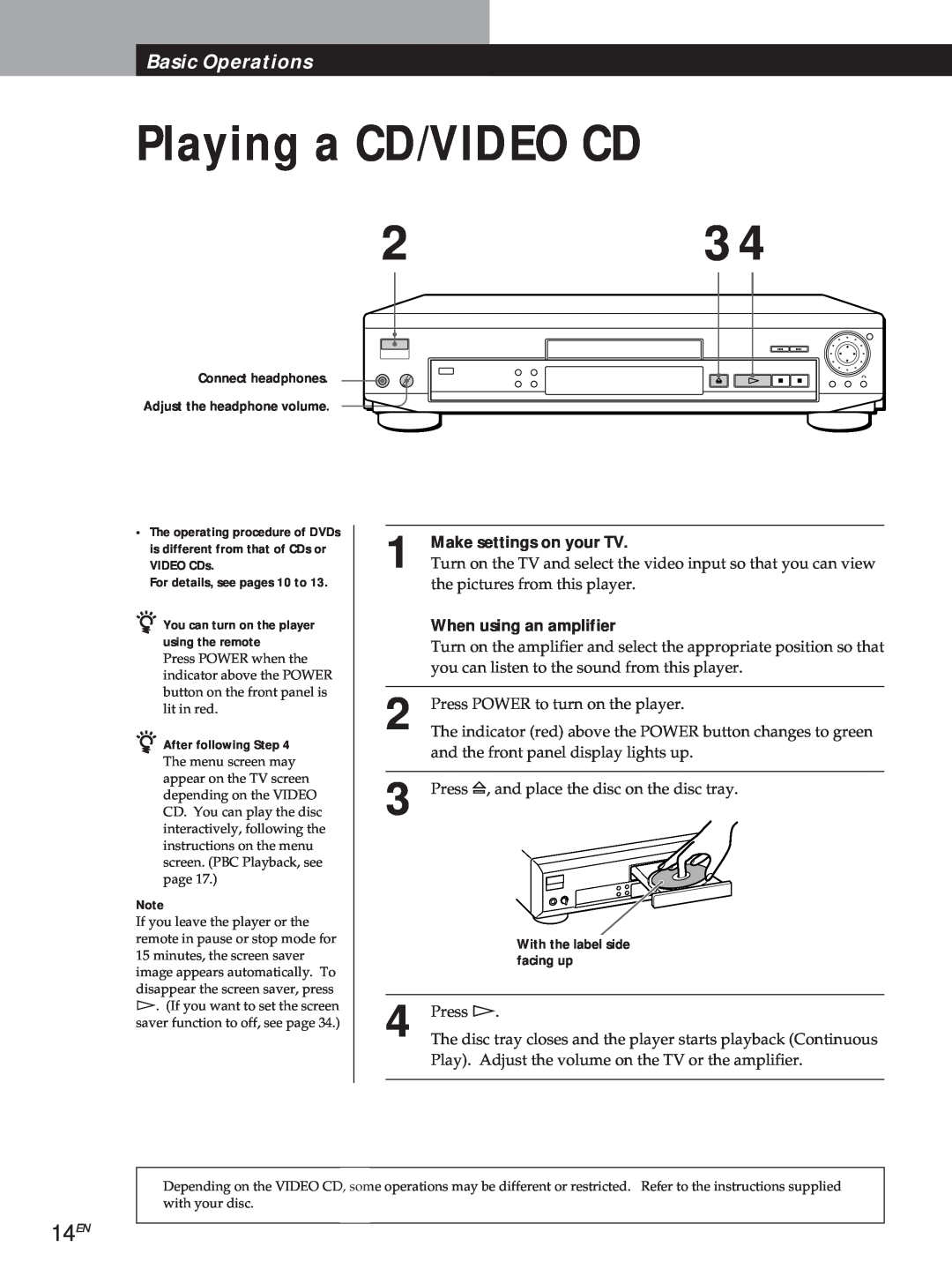 Sony DVP-S500D manual Playing a CD/VIDEO CD, 14EN, Basic Operations 