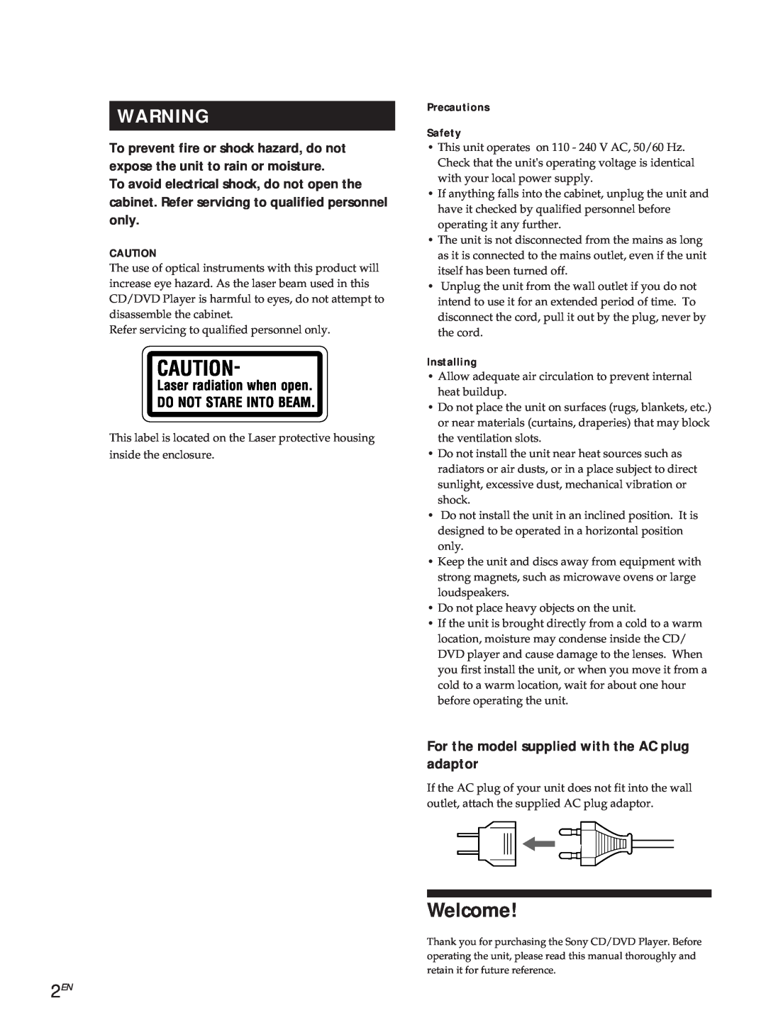 Sony DVP-S500D manual Welcome, For the model supplied with the AC plug adaptor 