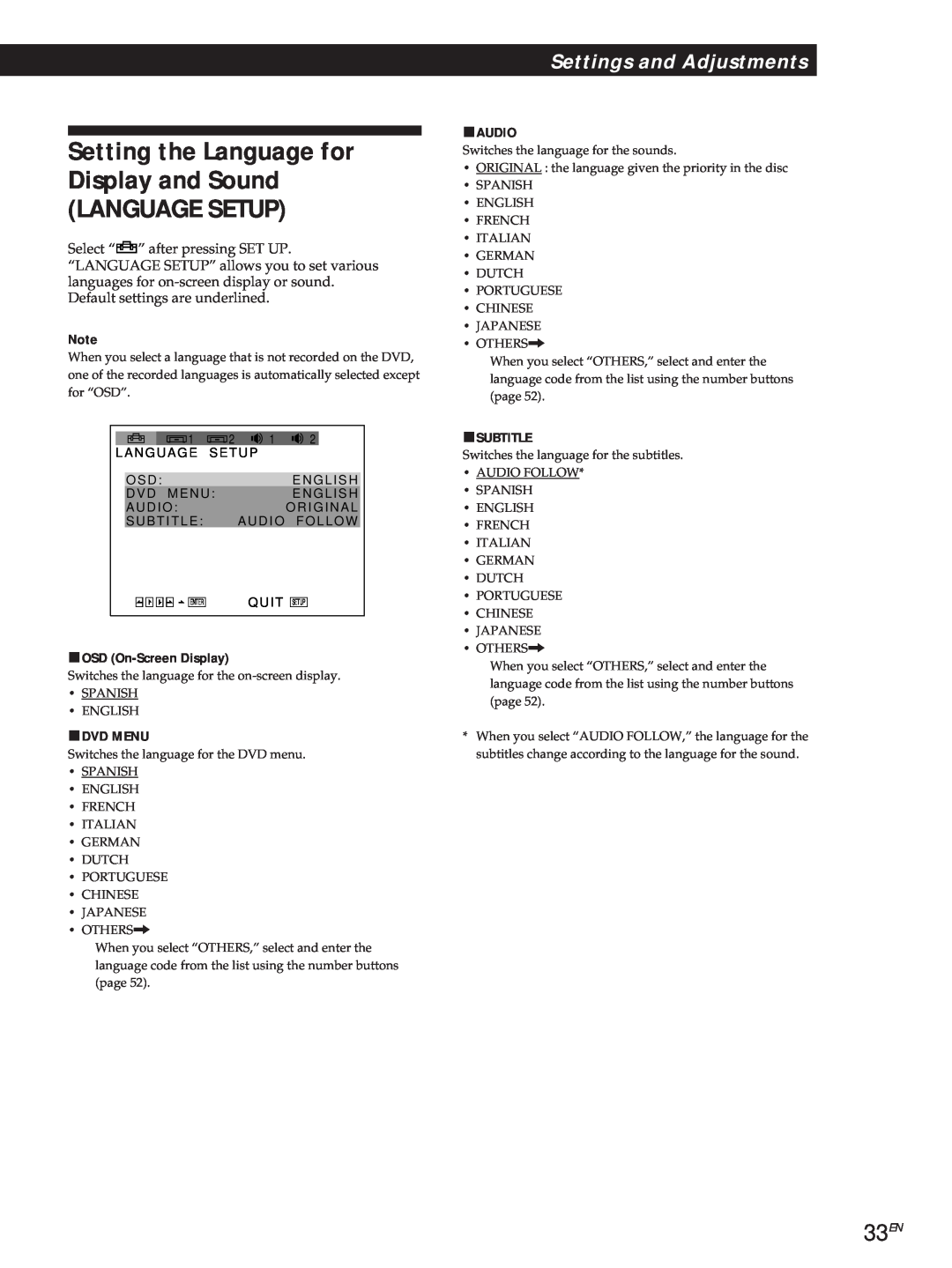Sony DVP-S500D manual Setting the Language for Display and Sound LANGUAGE SETUP, 33EN, Settings and Adjustments, pDVD MENU 