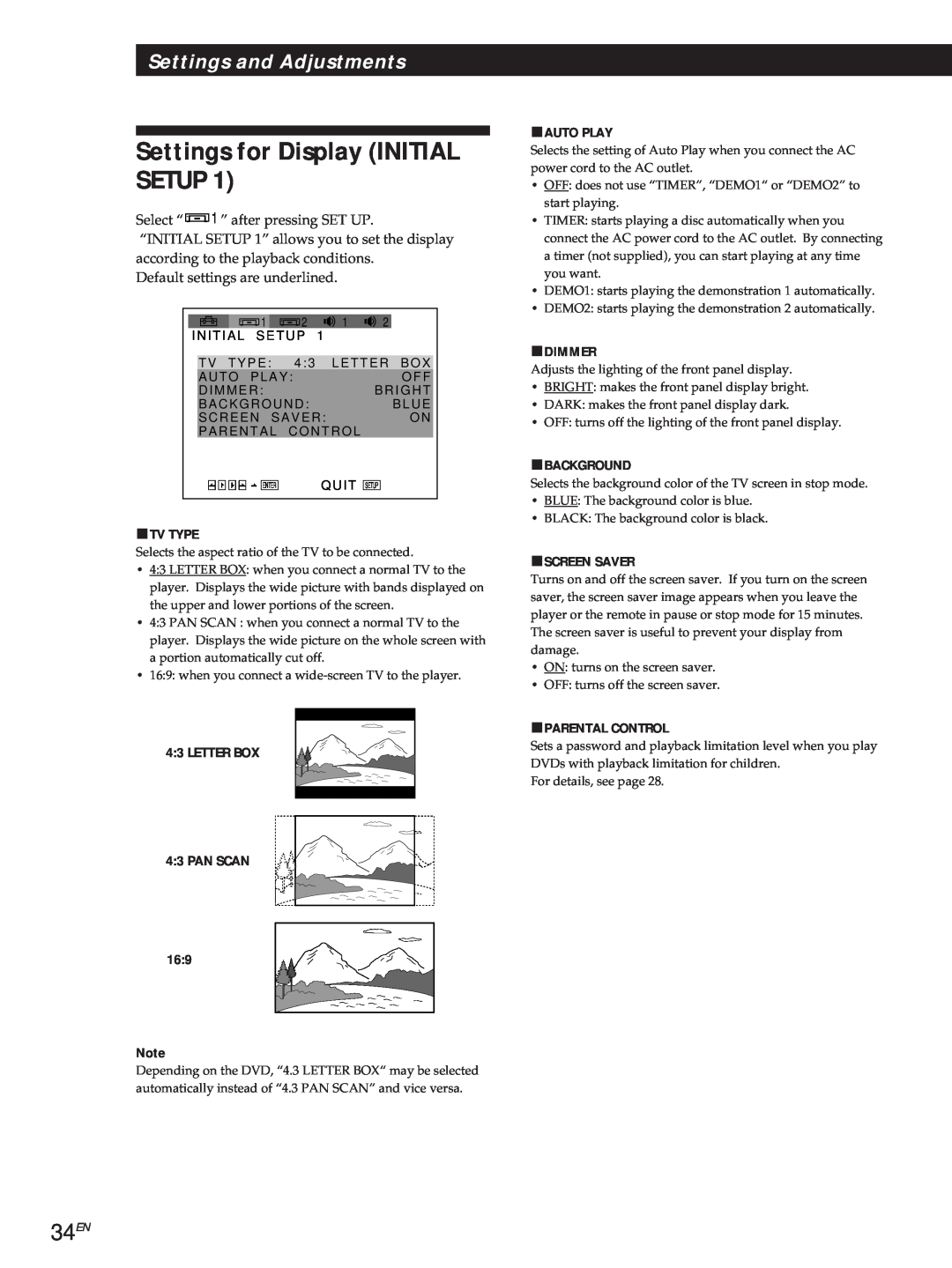 Sony DVP-S500D manual Settings for Display INITIAL SETUP, 34EN, Settings and Adjustments, pTV TYPE, pAUTO PLAY, pDIMMER 