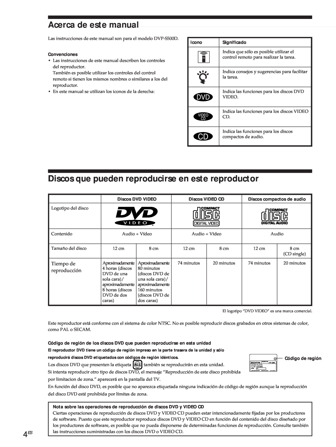 Sony DVP-S500D Acerca de este manual, Discos que pueden reproducirse en este reproductor, Procedimientos iniciales, Icono 