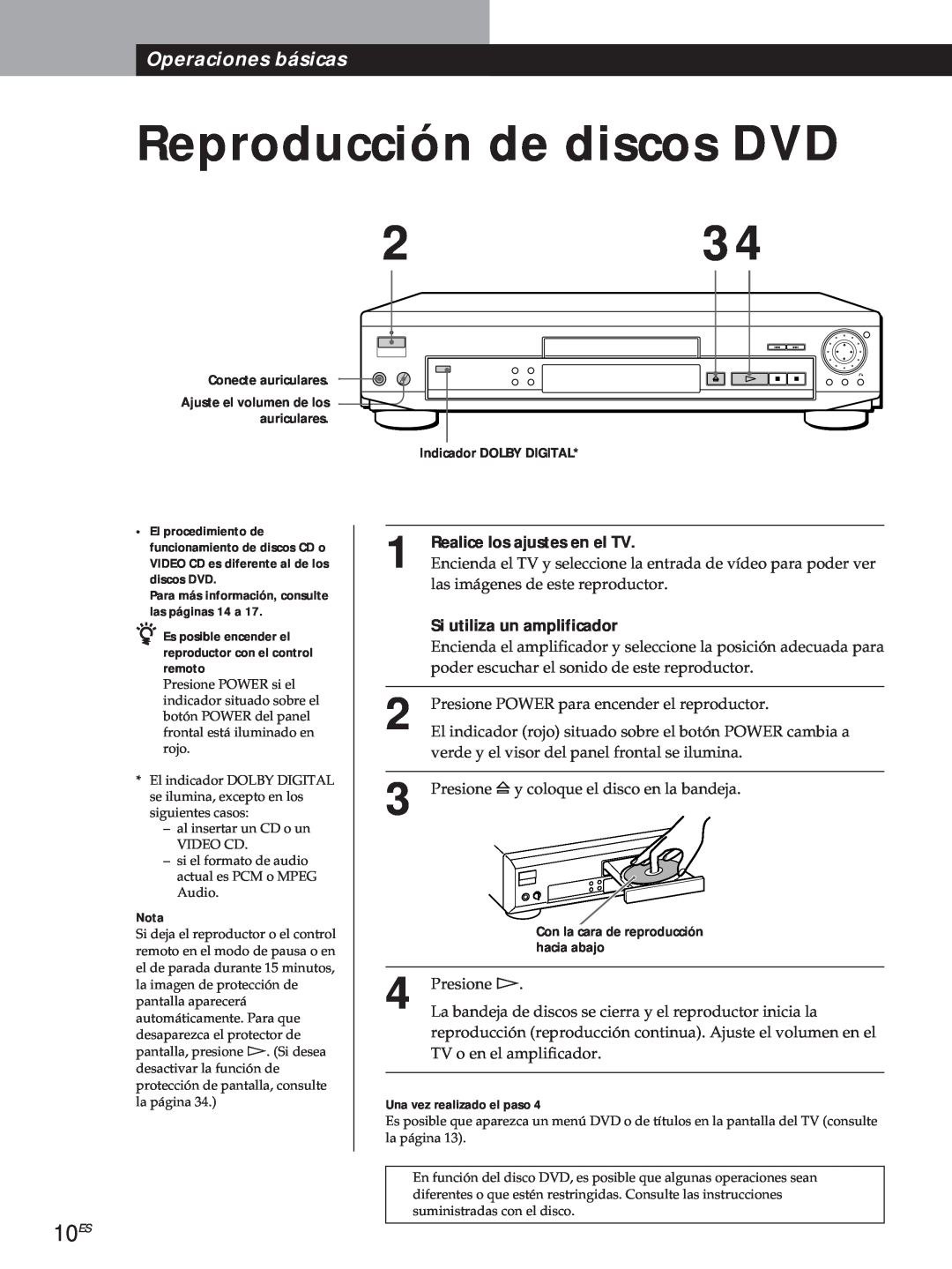 Sony DVP-S500D Reproducción de discos DVD, 10ES, Operaciones básicas, Presione á, Conecte auriculares, Nota, hacia abajo 