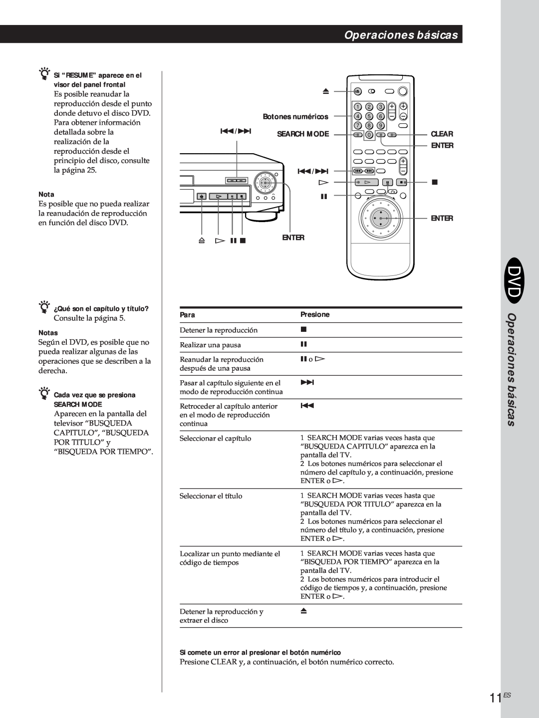 Sony DVP-S500D 11ES, Operaciones básicas, Para, Presione, z Si “RESUME” aparece en el visor del panel frontal, Search Mode 