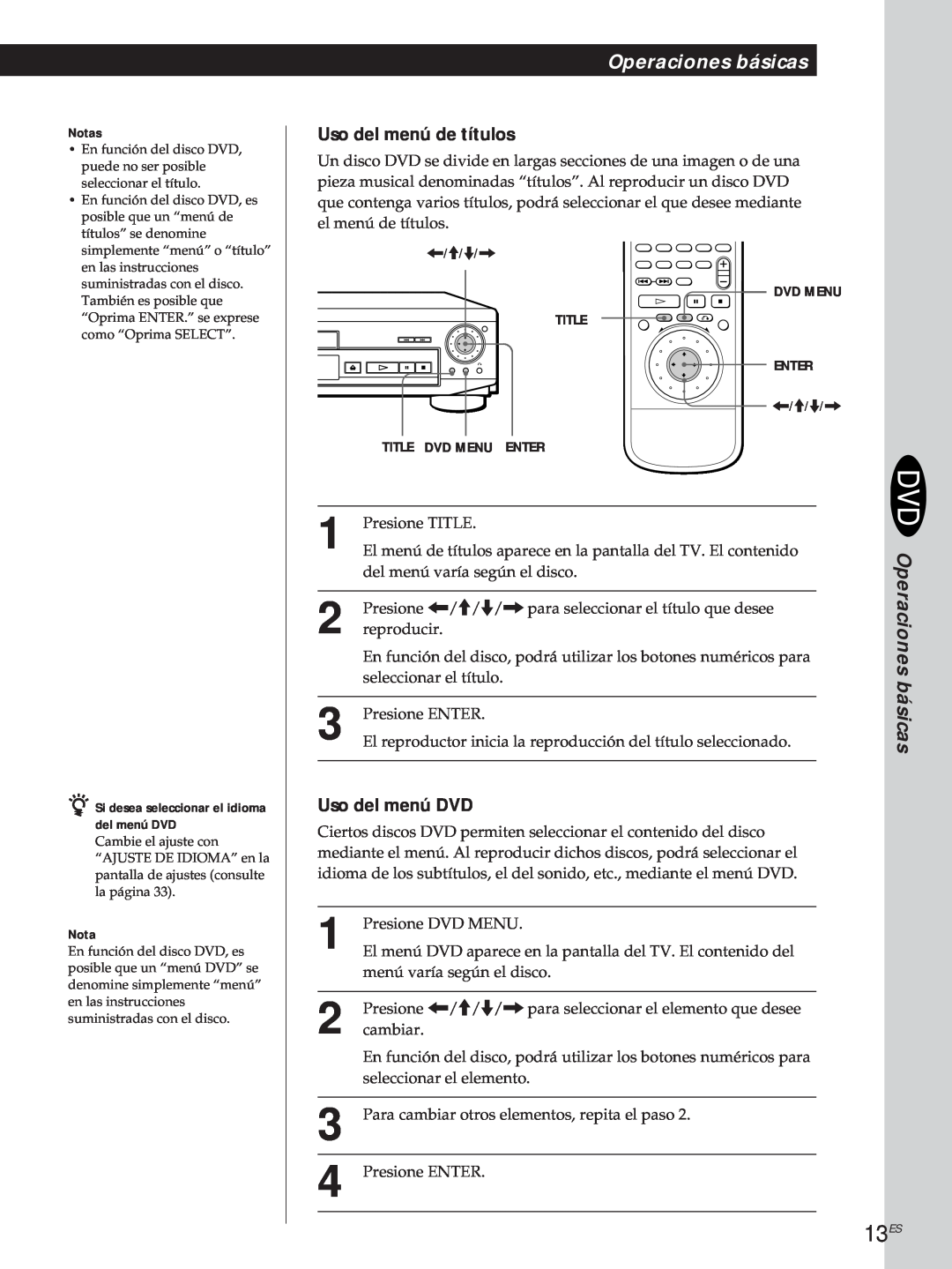 Sony DVP-S500D manual 13ES, Uso del menú de títulos, Uso del menú DVD, Operaciones básicas 
