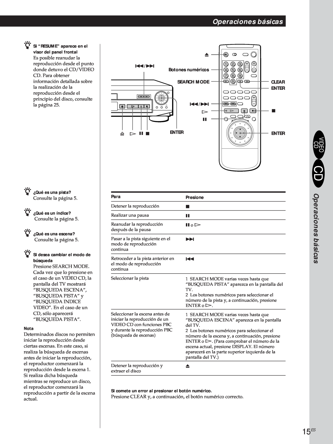Sony DVP-S500D 15ES, Operaciones básicas, Para, Presione, z Si “RESUME” aparece en el, visor del panel frontal, Enter 