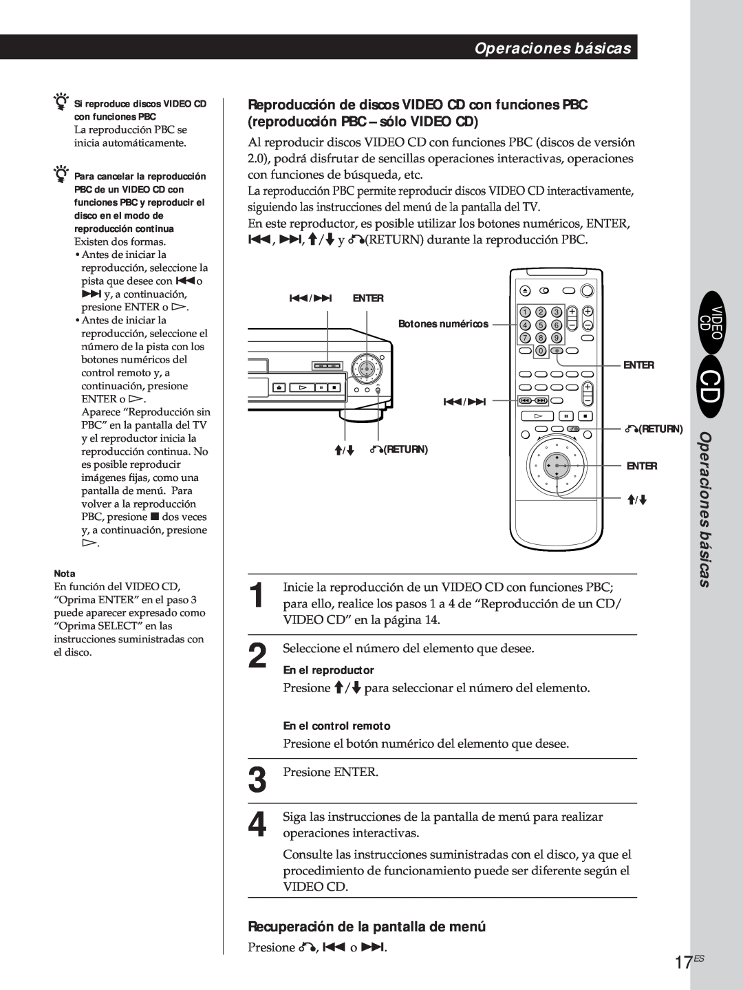 Sony DVP-S500D manual 17ES, Reproducción de discos VIDEO CD con funciones PBC, reproducción PBC - sólo VIDEO CD 