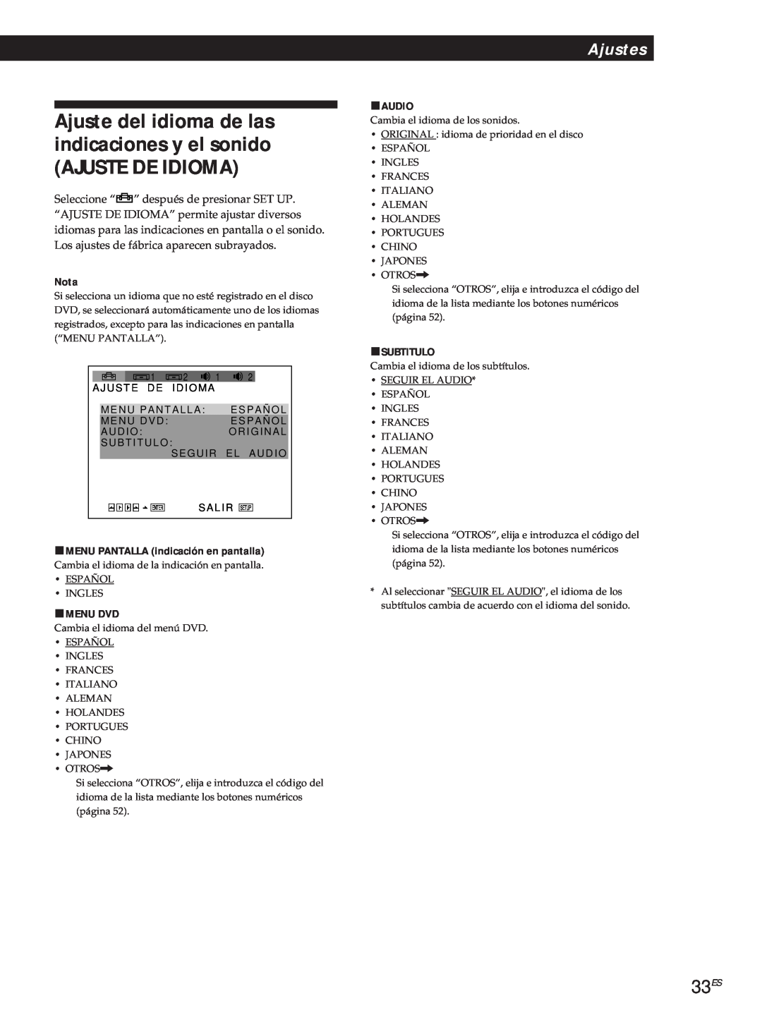 Sony DVP-S500D manual Ajuste De Idioma, Ajuste del idioma de las indicaciones y el sonido, 33ES, Ajustes, Nota, pAUDIO 