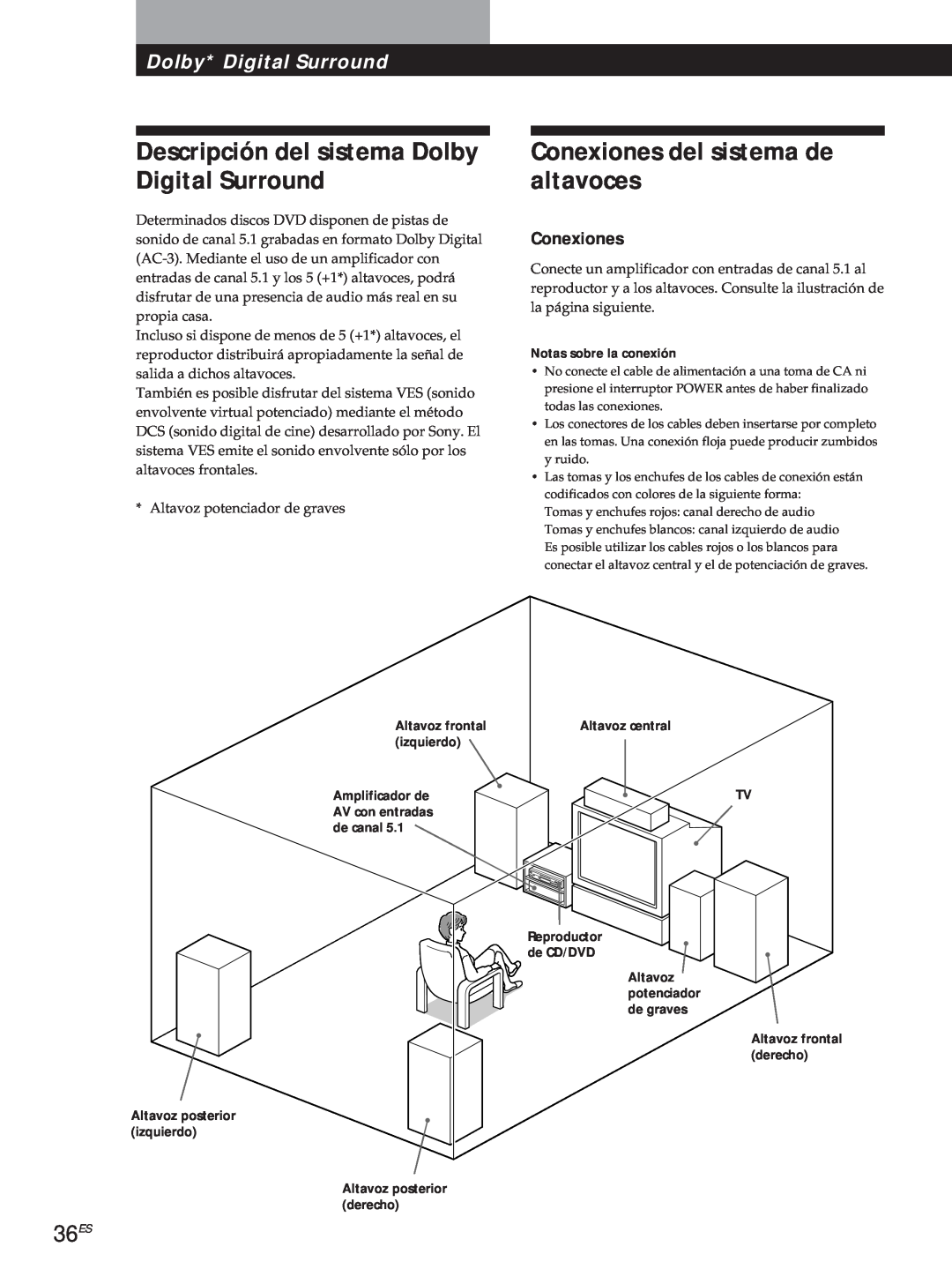 Sony DVP-S500D manual Descripción del sistema Dolby Digital Surround, Conexiones del sistema de altavoces, 36ES 