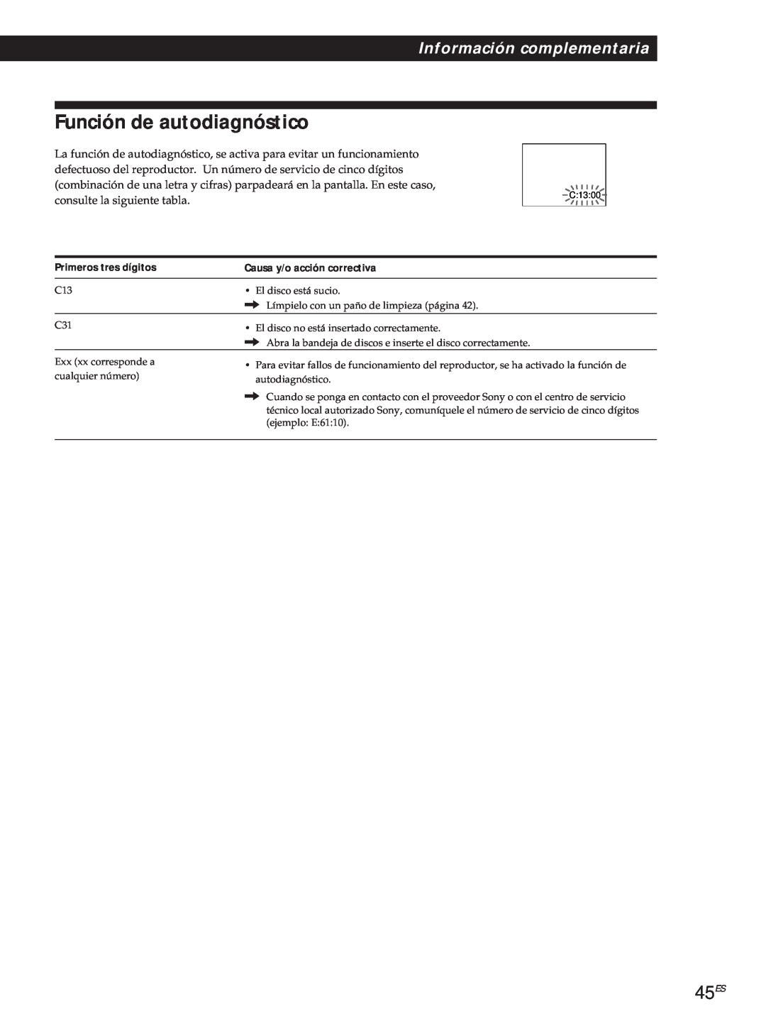 Sony DVP-S500D manual Función de autodiagnóstico, 45ES, Información complementaria, Primeros tres dígitos 
