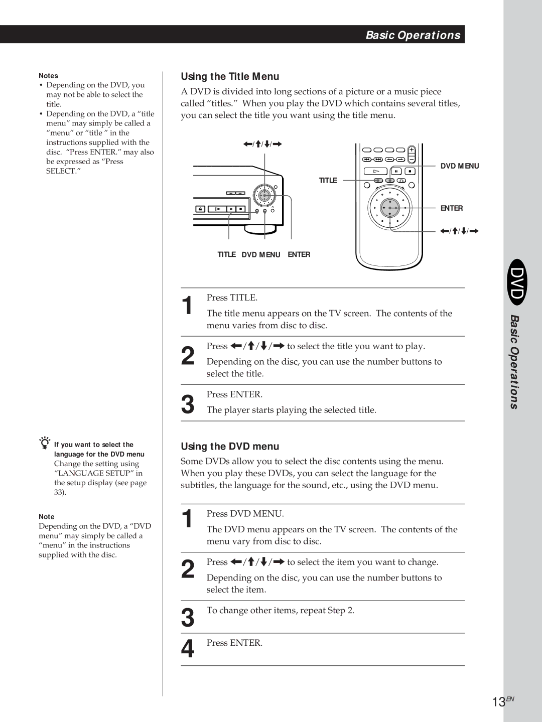 Sony DVP-S505D manual 13EN, If you want to select, Language for the DVD menu 