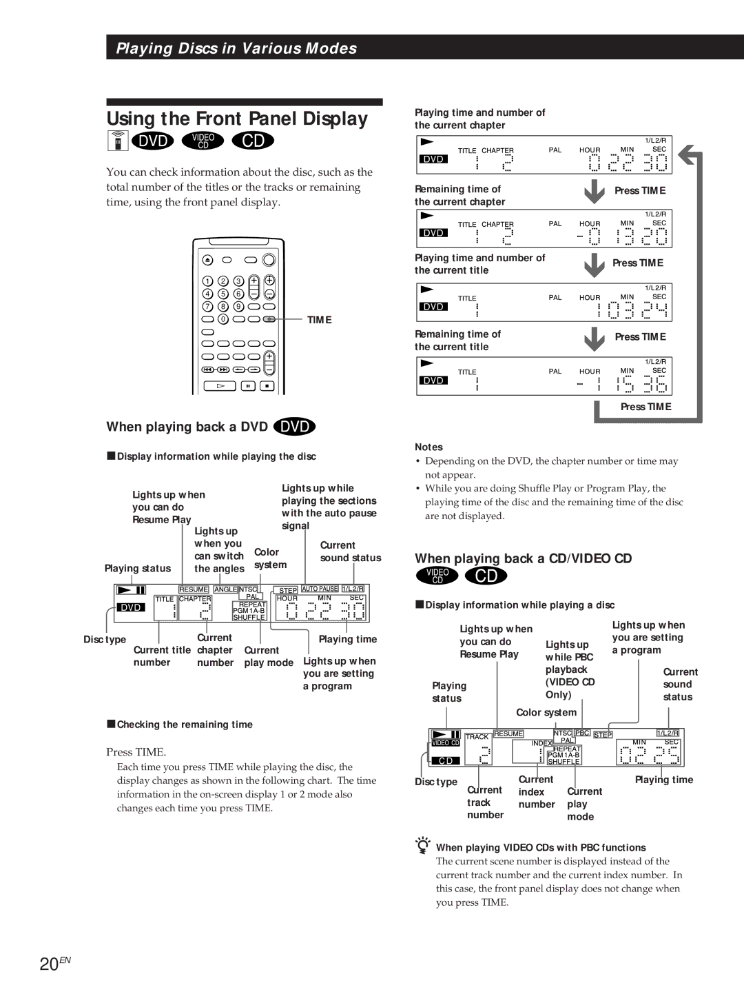 Sony DVP-S505D manual Using the Front Panel Display, 20EN, When playing back a DVD, When playing back a CD/VIDEO CD 