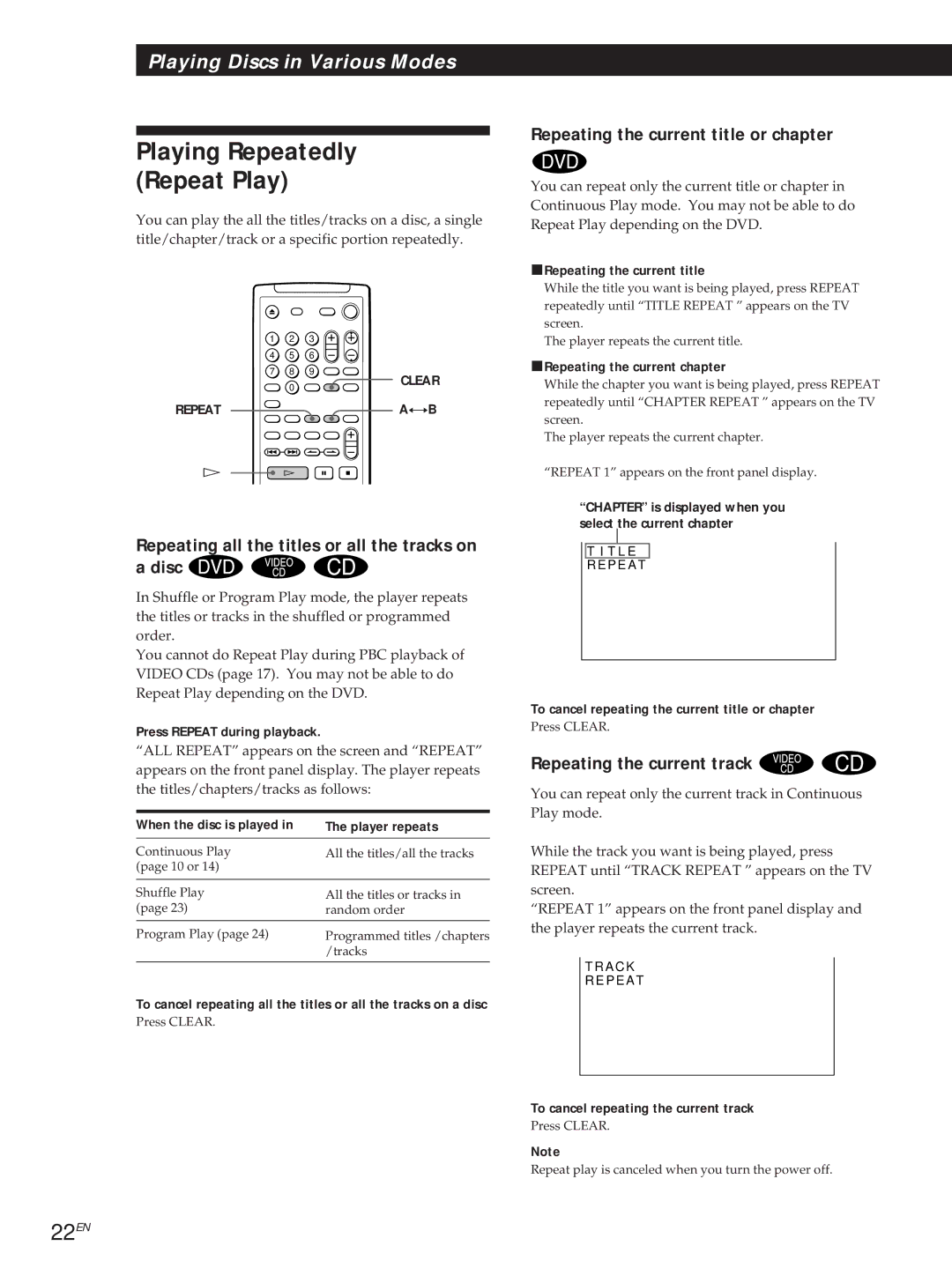 Sony DVP-S505D Playing Repeatedly Repeat Play, 22EN, Repeating the current title or chapter, Repeating the current track 