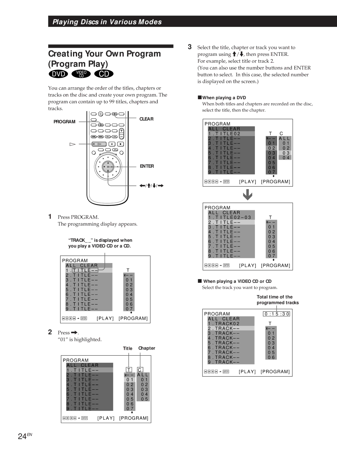 Sony DVP-S505D manual Creating Your Own Program Program Play, 24EN, PWhen playing a DVD, When playing a Video CD or CD 