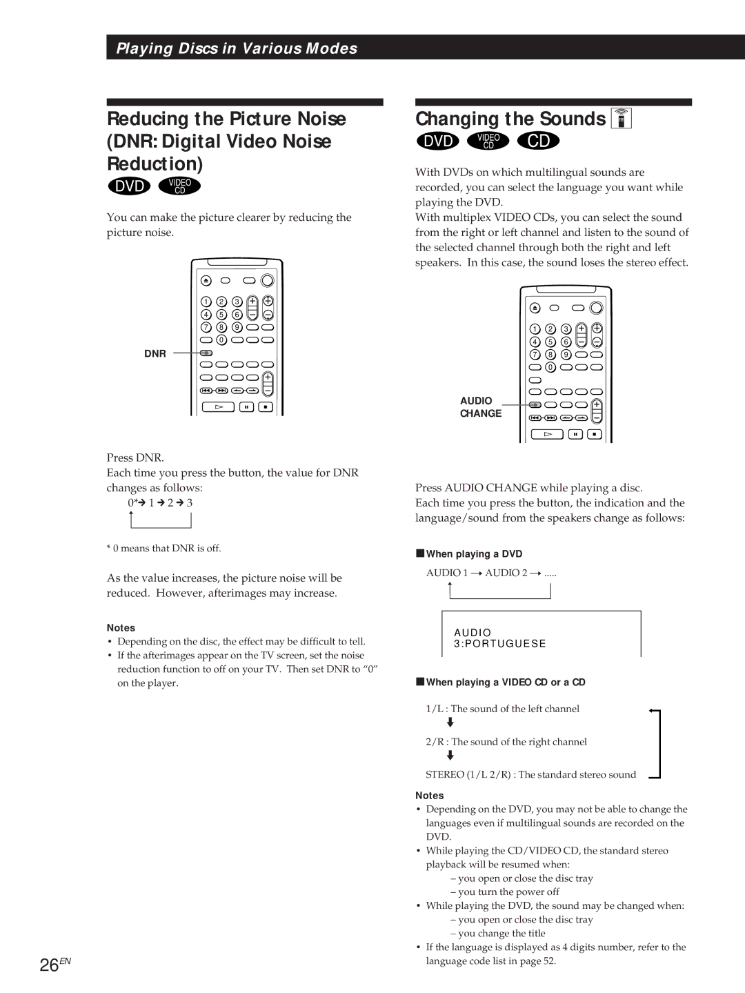 Sony DVP-S505D manual Changing the Sounds Z, 26EN, PWhen playing a Video CD or a CD 