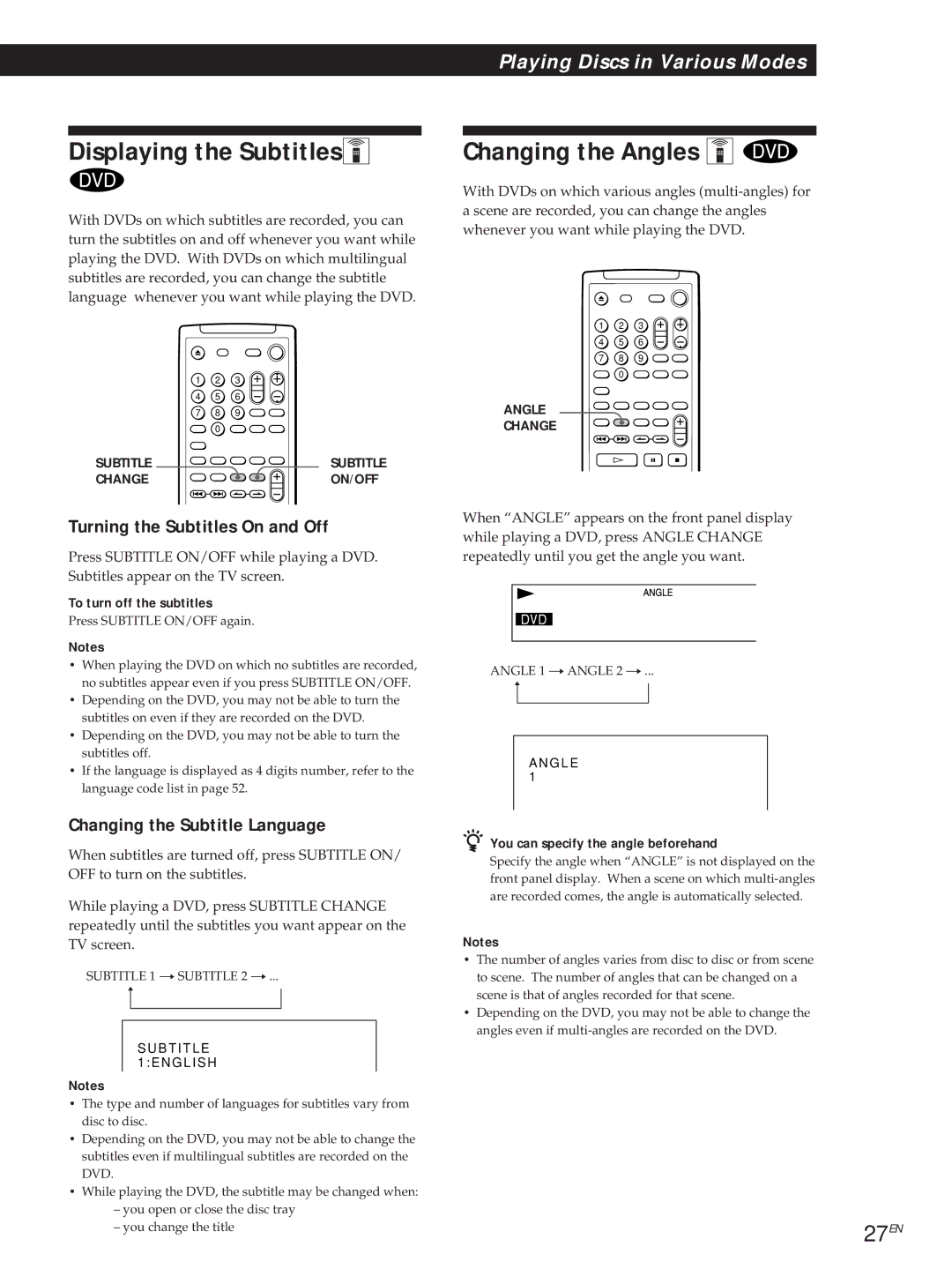 Sony DVP-S505D manual Displaying the SubtitlesZ, Changing the Angles Z, 27EN, Turning the Subtitles On and Off 