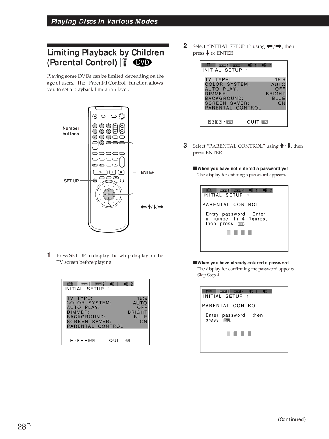 Sony DVP-S505D 28EN, Select Initial Setup 1 using ?//, then press .or Enter, PWhen you have not entered a password yet 