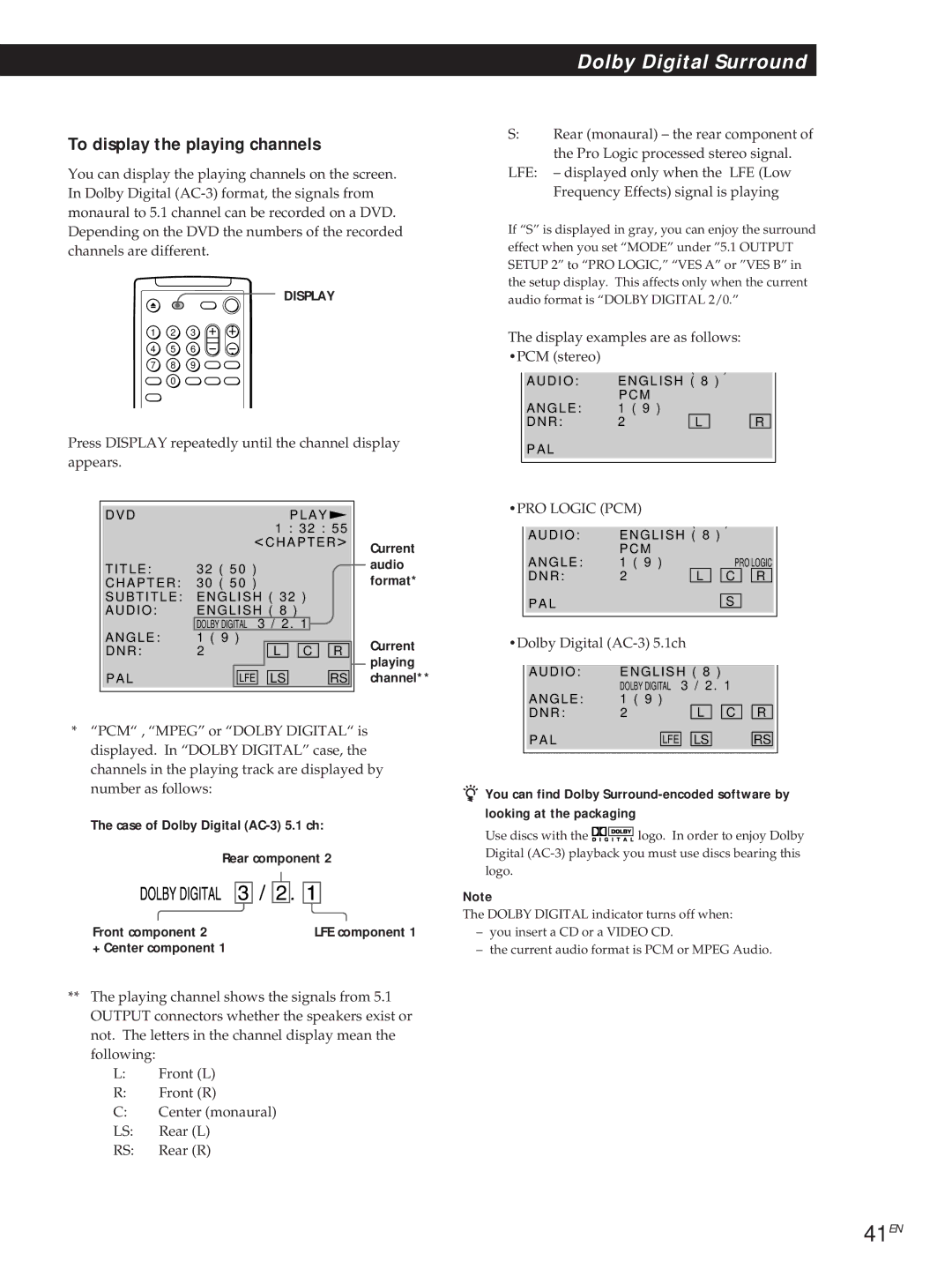 Sony DVP-S505D manual 41EN, To display the playing channels, Press Display repeatedly until the channel display appears 