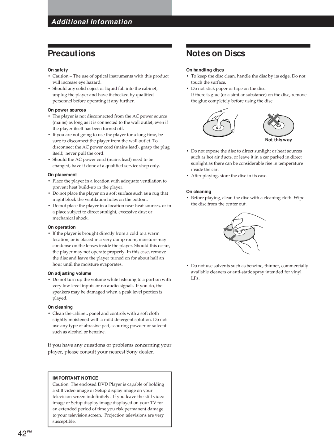 Sony DVP-S505D manual Precautions, 42EN 