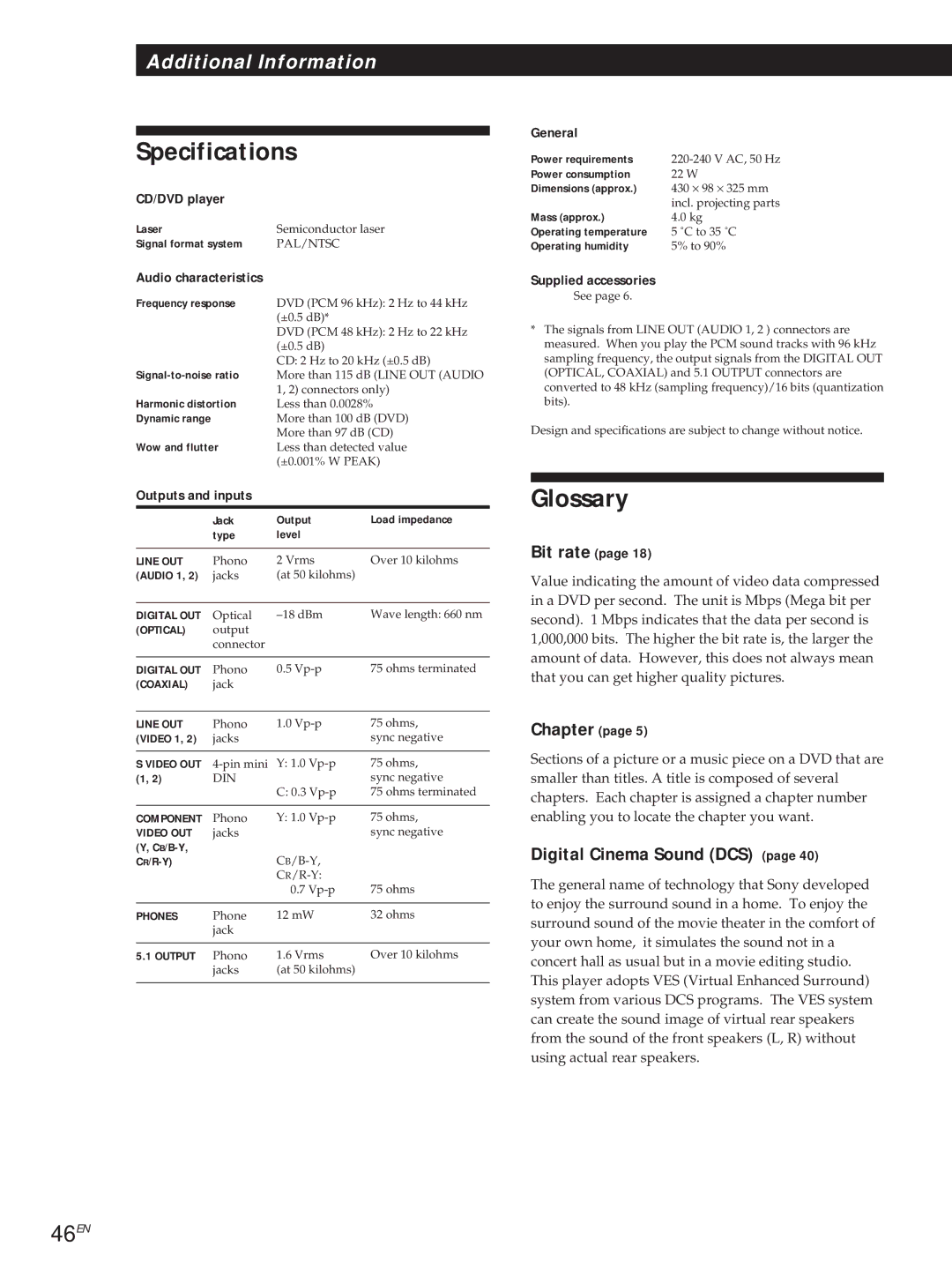 Sony DVP-S505D manual Specifications, Glossary, 46EN 