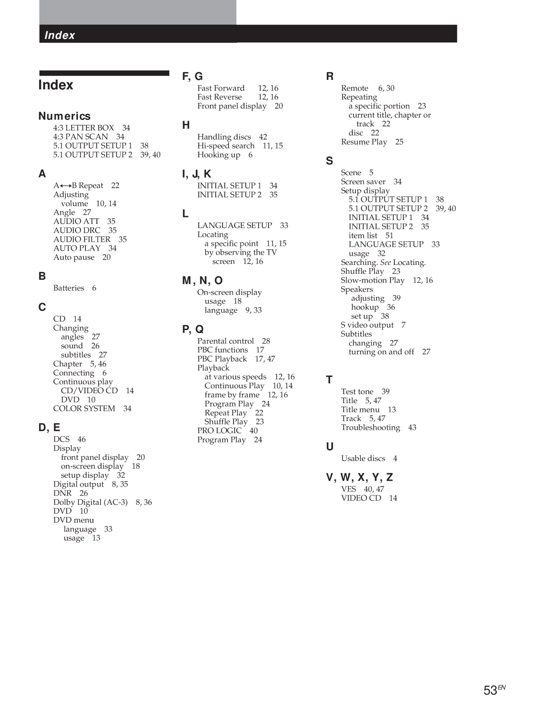 Sony DVP-S505D manual Index, 53EN, Numerics, X, Y, Z 