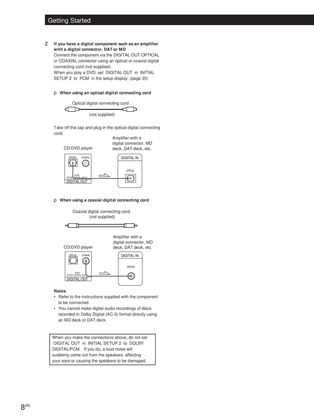 Sony DVP-S505D manual When using an optical digital connecting cord, When using a coaxial digital connecting cord 