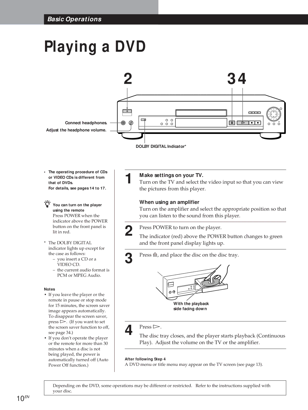 Sony DVP-S505D manual 10EN, With the playback, Side facing down, After following Step 