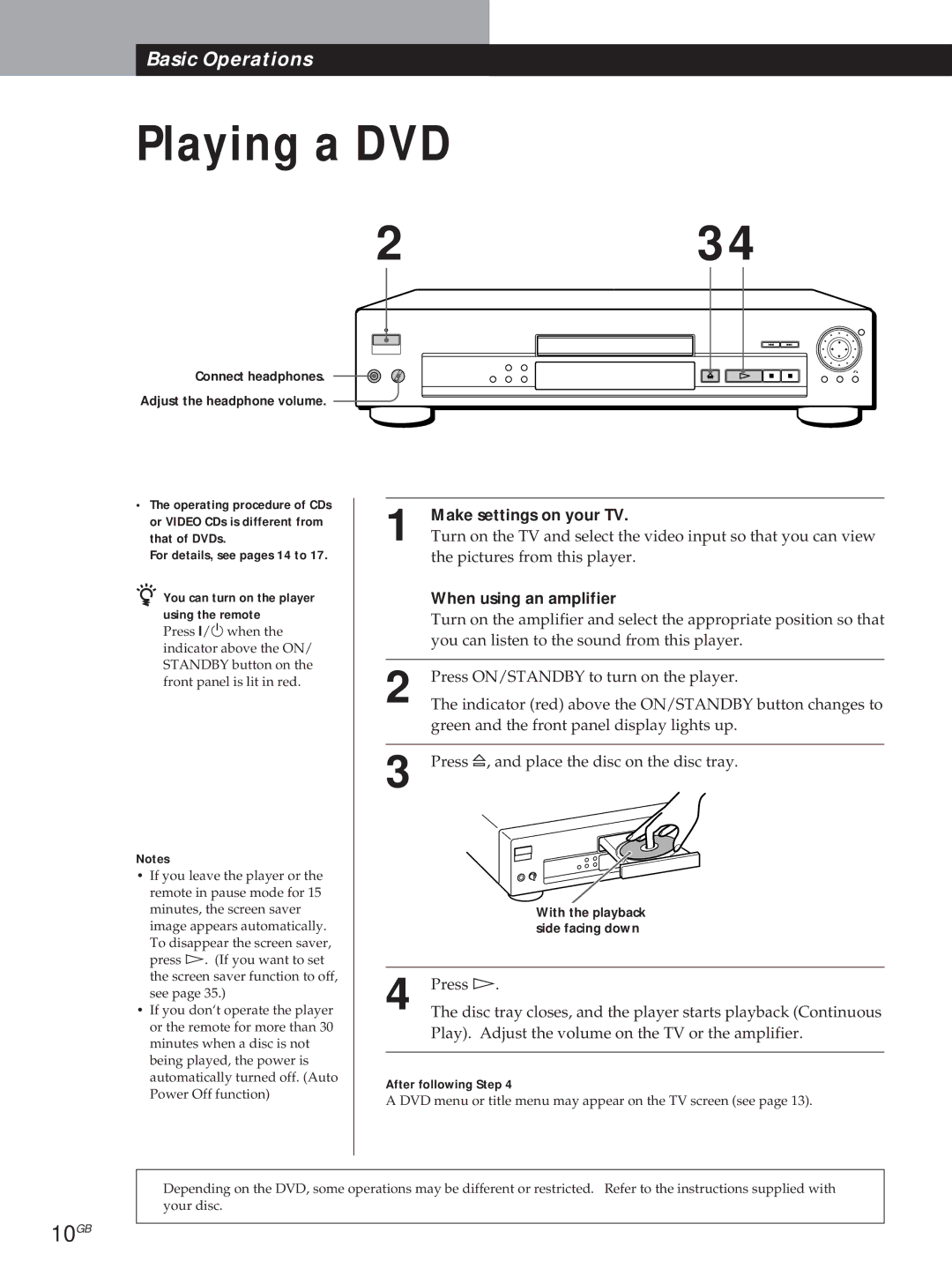 Sony DVP-S715, DVP-S315 manual 10GB, With the playback, Side facing down, After following Step 