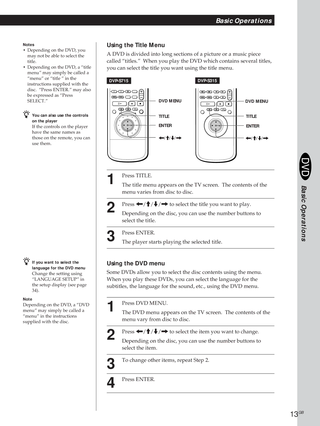 Sony DVP-S315, DVP-S715 manual 13GB, Using the Title Menu 