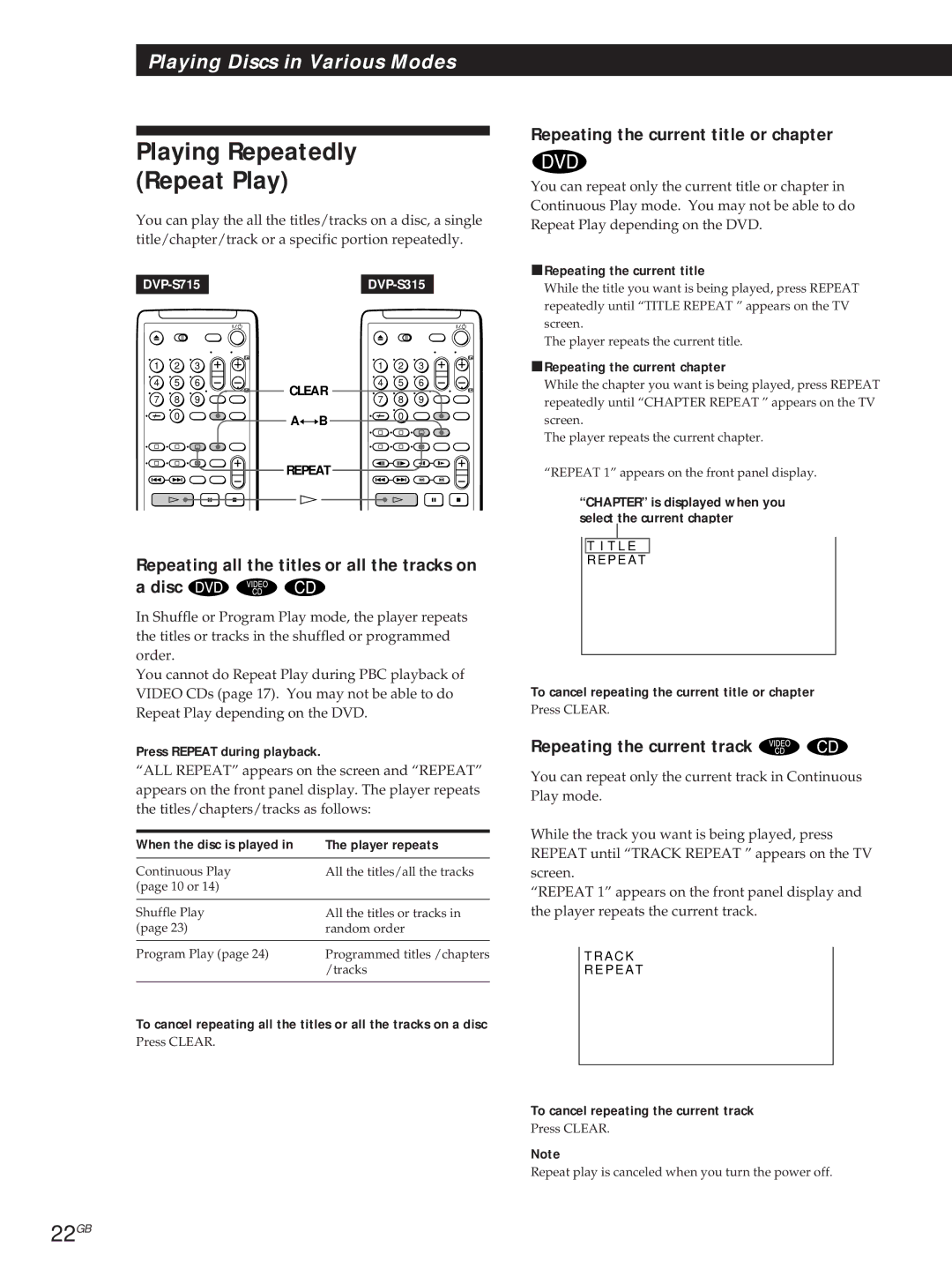 Sony DVP-S715, DVP-S315 manual Playing Repeatedly Repeat Play, 22GB, Repeating all the titles or all the tracks on a disc 