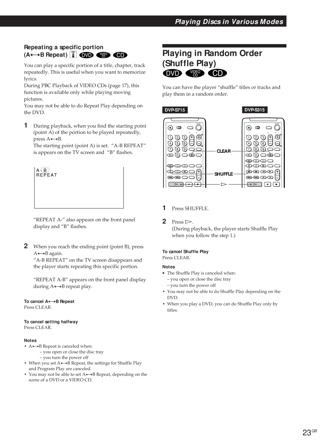 Sony DVP-S315, DVP-S715 manual Playing in Random Order Shuffle Play, 23GB, Repeating a specific portion A÷B Repeat Z 