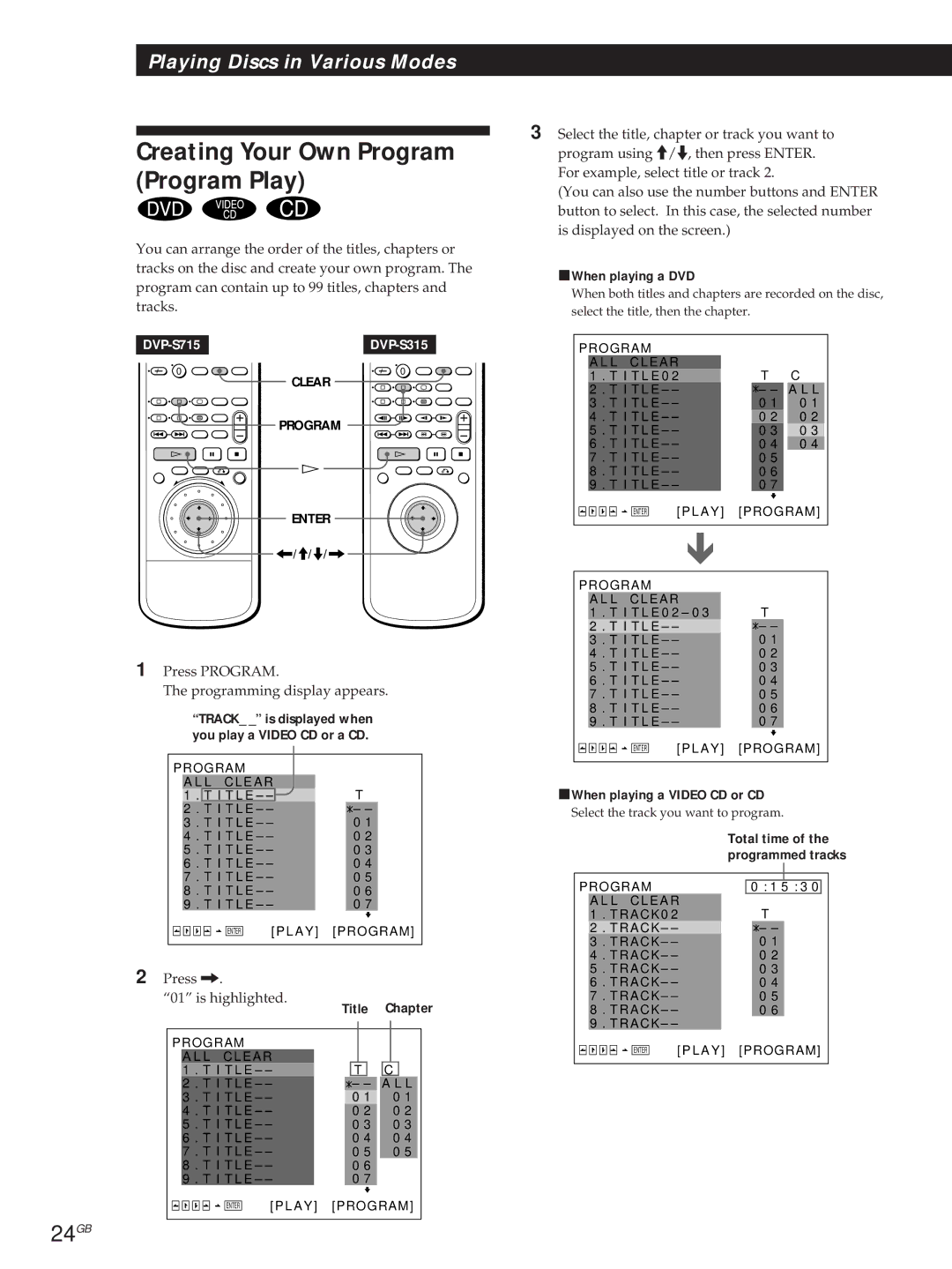 Sony DVP-S715, DVP-S315 Creating Your Own Program Program Play, 24GB, PWhen playing a DVD, PWhen playing a Video CD or CD 