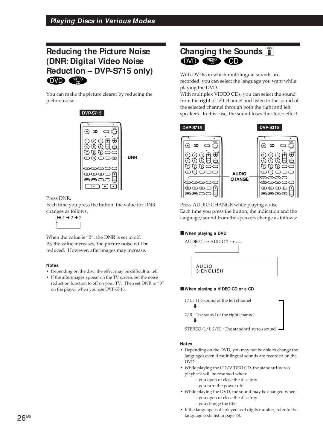 Sony DVP-S715, DVP-S315 manual Changing the Sounds Z, 26GB, PWhen playing a Video CD or a CD, Dnr 