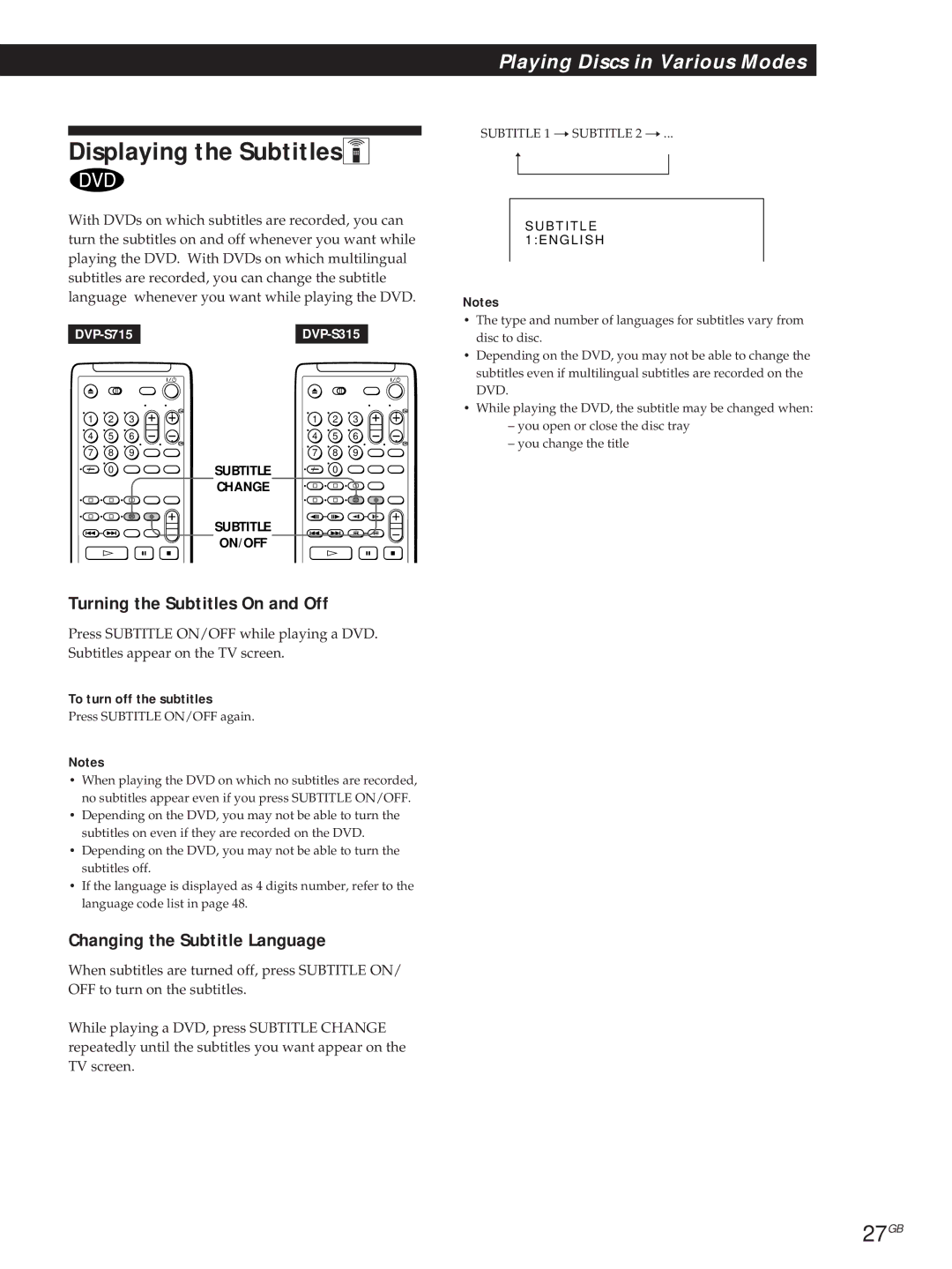 Sony DVP-S315, DVP-S715 Displaying the SubtitlesZ, 27GB, Turning the Subtitles On and Off, Changing the Subtitle Language 
