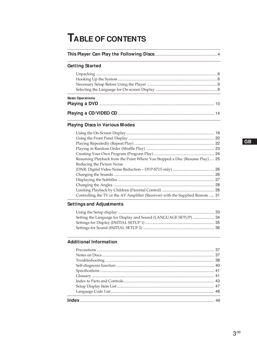 Sony DVP-S315, DVP-S715 manual Table of Contents 