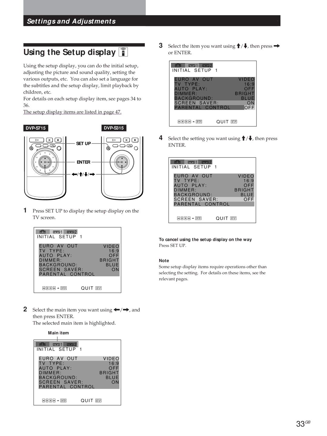 Sony DVP-S315, DVP-S715 manual Using the Setup display Z, 33GB, Press SET UP to display the setup display on the TV screen 