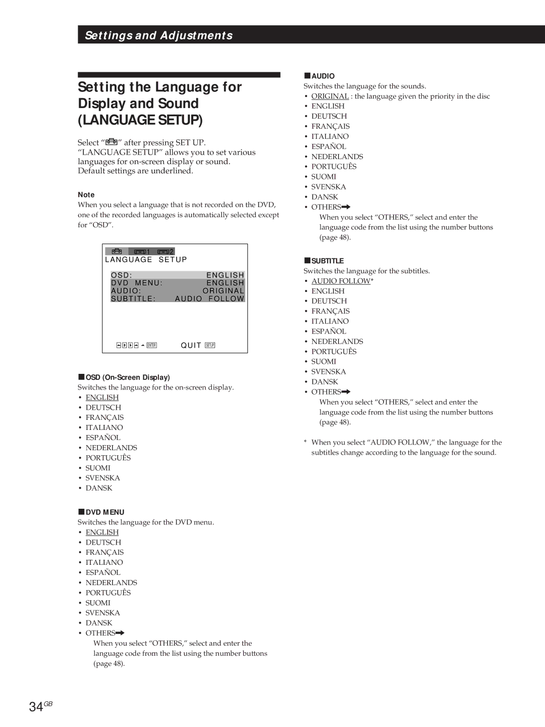 Sony DVP-S715, DVP-S315 manual Setting the Language for Display and Sound, 34GB 