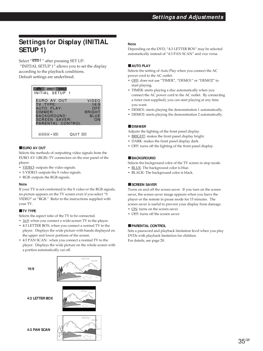 Sony DVP-S315, DVP-S715 manual Settings for Display Initial Setup, 35GB 