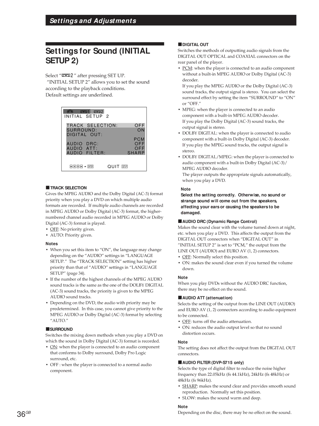 Sony DVP-S715, DVP-S315 manual Settings for Sound Initial Setup 